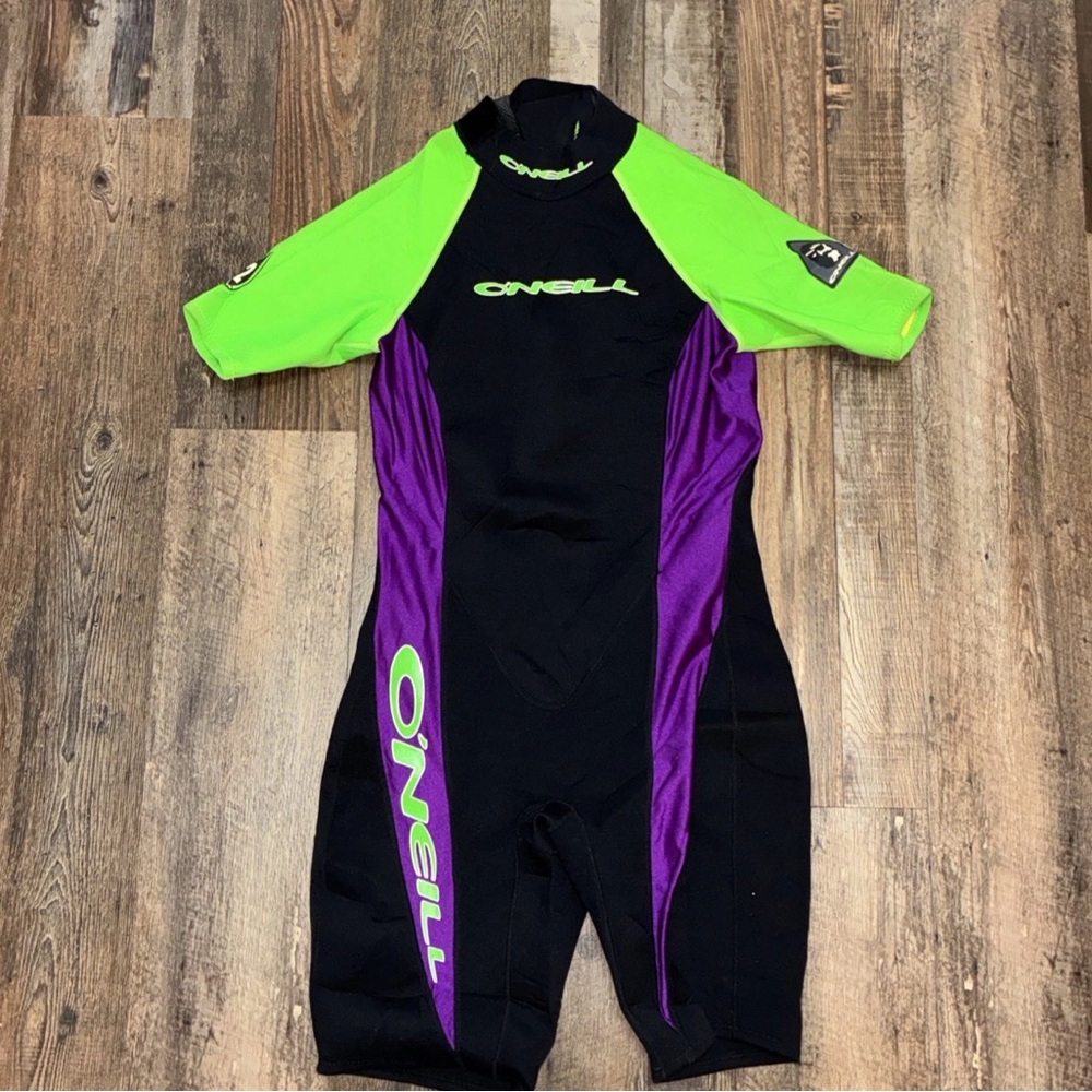 O’Neill Women’s Size 14 Shorty Wetsuit 2mm Neon Green Purple Surf Spring Suit